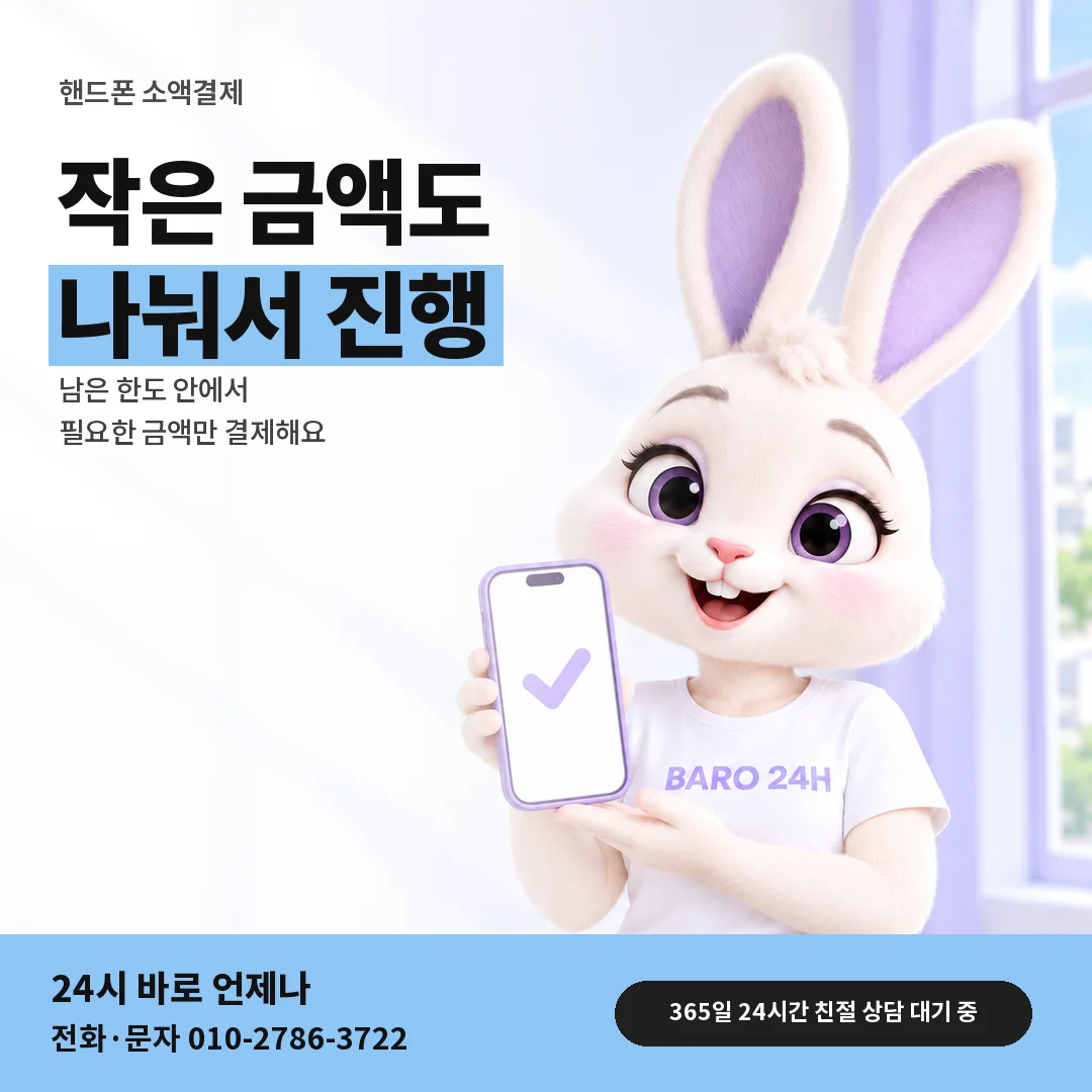휴대폰을 든 BARO 24H 티셔츠를 입은 3D 토끼 캐릭터 옆에 「핸드폰 소액결제 안내」 제목을 얹은 안내 카드