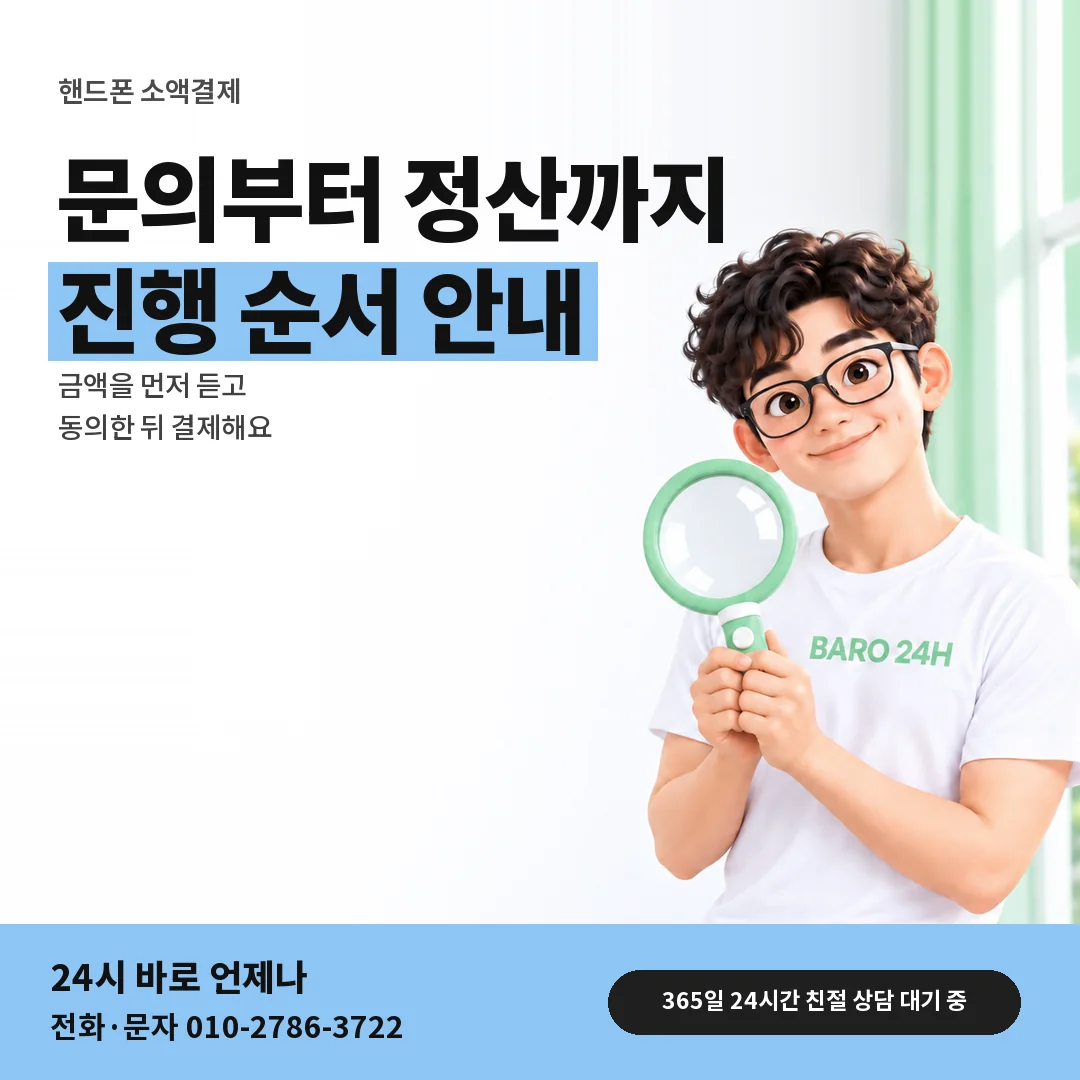 돋보기를 든 BARO 24H 티셔츠를 입은 3D 인물 옆에 「핸드폰 소액결제 진행 순서」 제목을 얹은 안내 카드