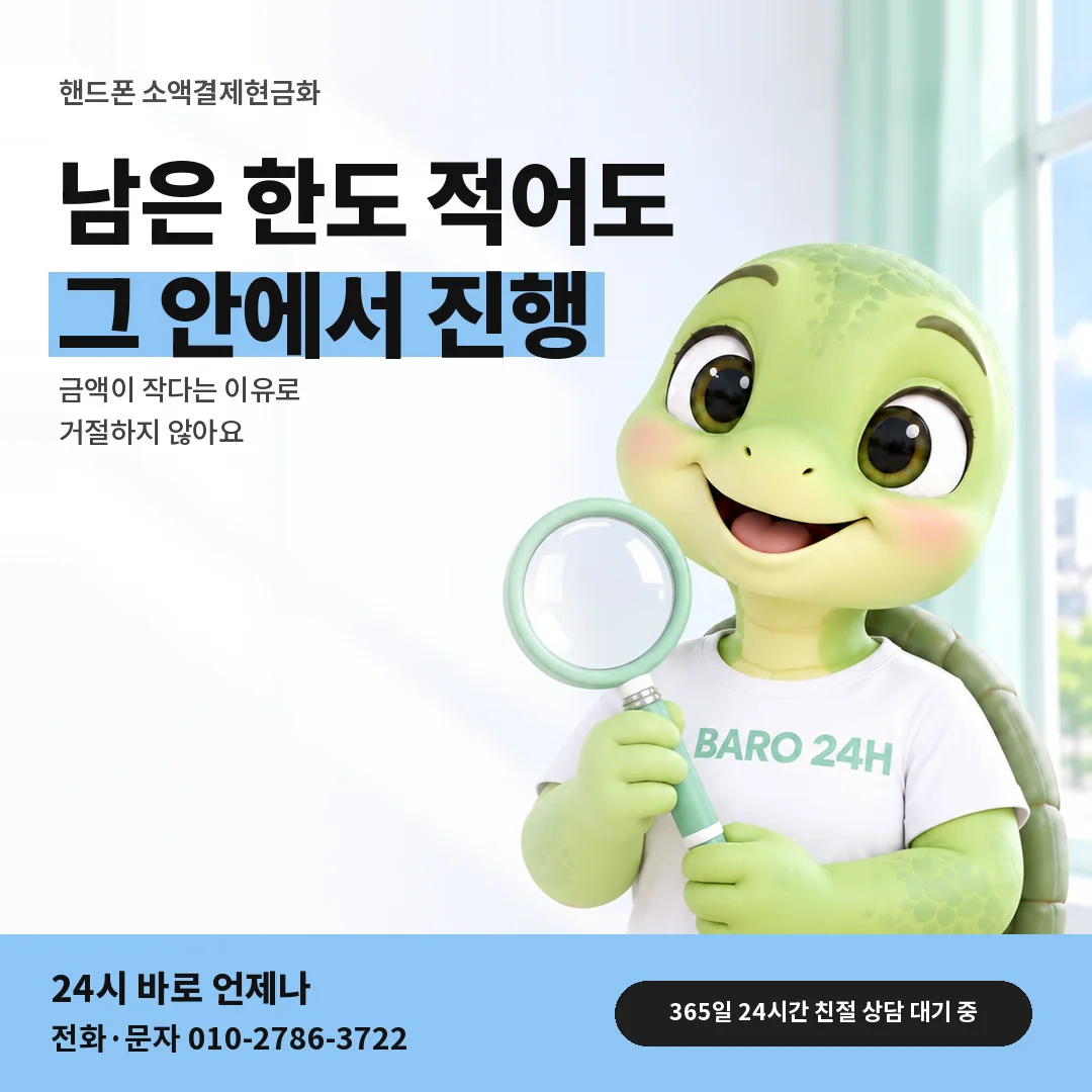 돋보기를 든 BARO 24H 티셔츠를 입은 3D 거북이 캐릭터 옆에 「핸드폰 소액결제현금화 작은 금액 진행」 제목을 얹은 안내 카드