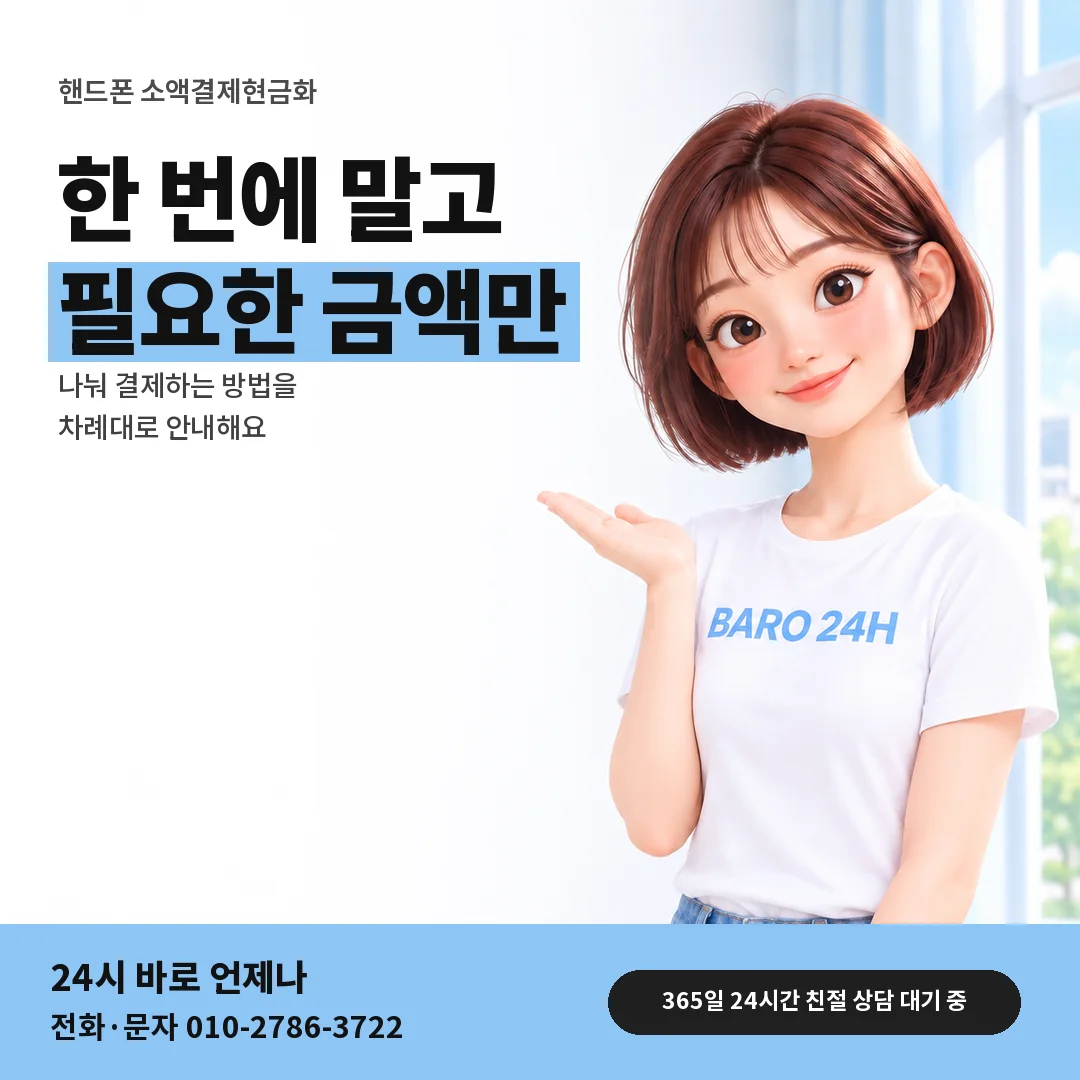 BARO 24H 티셔츠를 입은 3D 인물 옆에 「핸드폰 소액결제현금화 나눠 결제 안내」 제목을 얹은 안내 카드